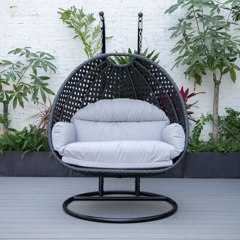 LeisureMod Mendoza Charcoal Modern Wicker Hanging 2 person Egg Swing Chair Removable Cushion image number 2