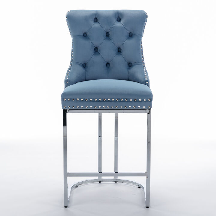 Streamdale Velvet Bar Stools Set of 2 with Chromed Metal Base Legs