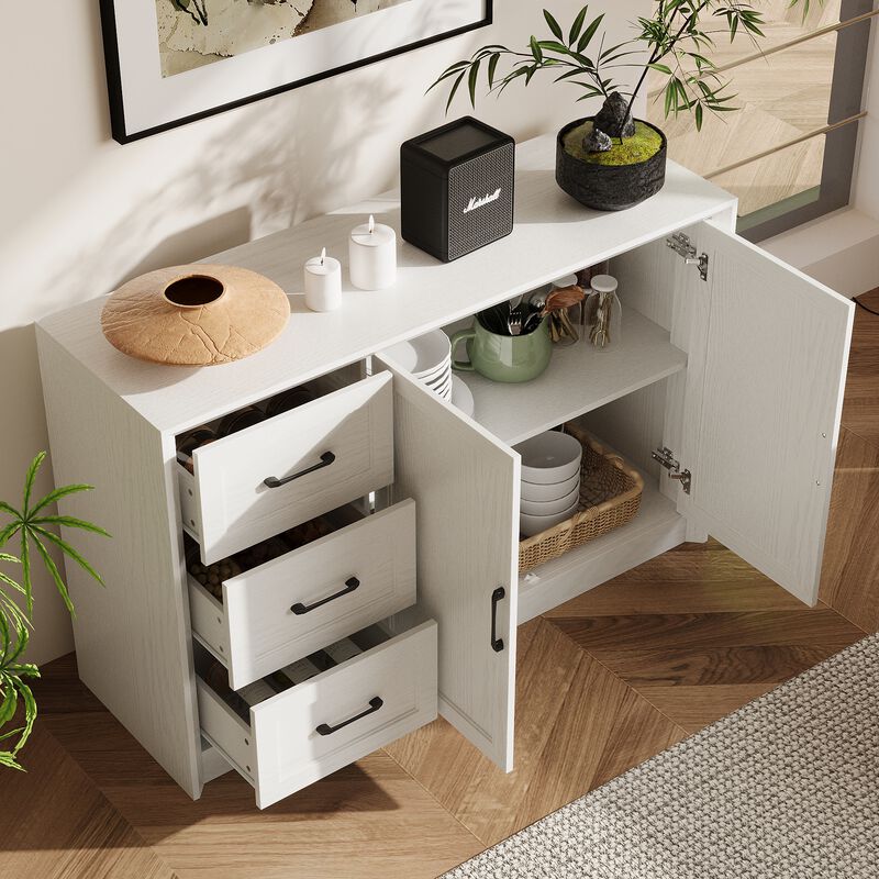 FUFU&GAGA 2-Door 3-Drawer Storage Cabinet with Black Metal Handles, Wood Grain Finish (47.2"W x 15.7"D x 30.7"H), White Oak