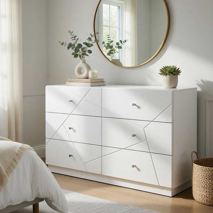 Oly Wide Dresser, 6 Drawers, Geometric Design, Chrome Knobs, Glossy White