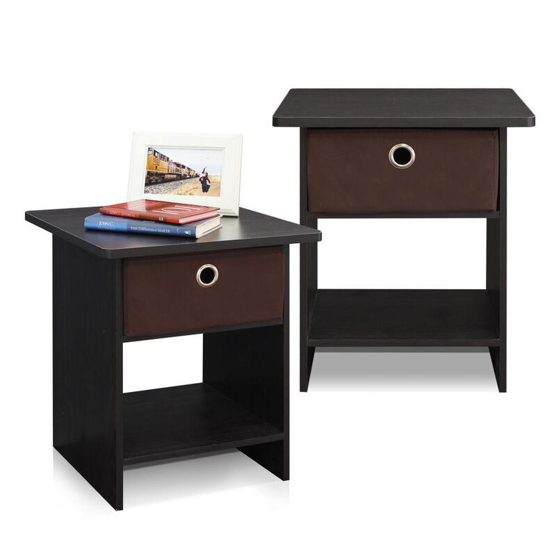 Furinno End Table/ Night Stand Storage Shelf with Bin Drawer, Espresso/Brown, Set of two