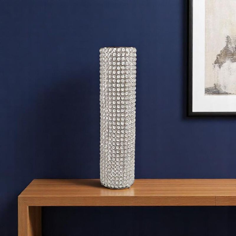 Hivvago 25 Inch Clear And Silver Faux Crystal And Metal Table Vase