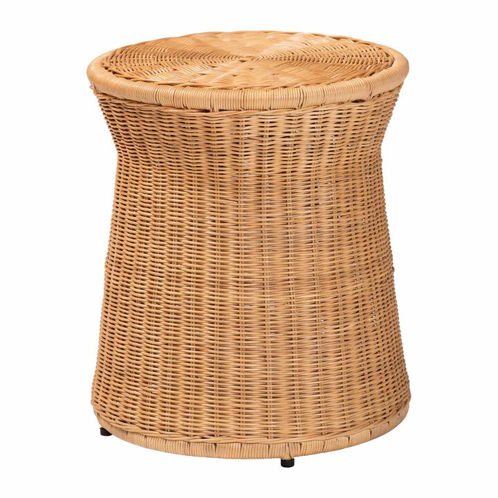 bali & pari Caroline Round Natural Rattan End Table &ndash; Handwoven Wicker Drum Shape Accent Table for Living Room or Sunroom, Light Honey.