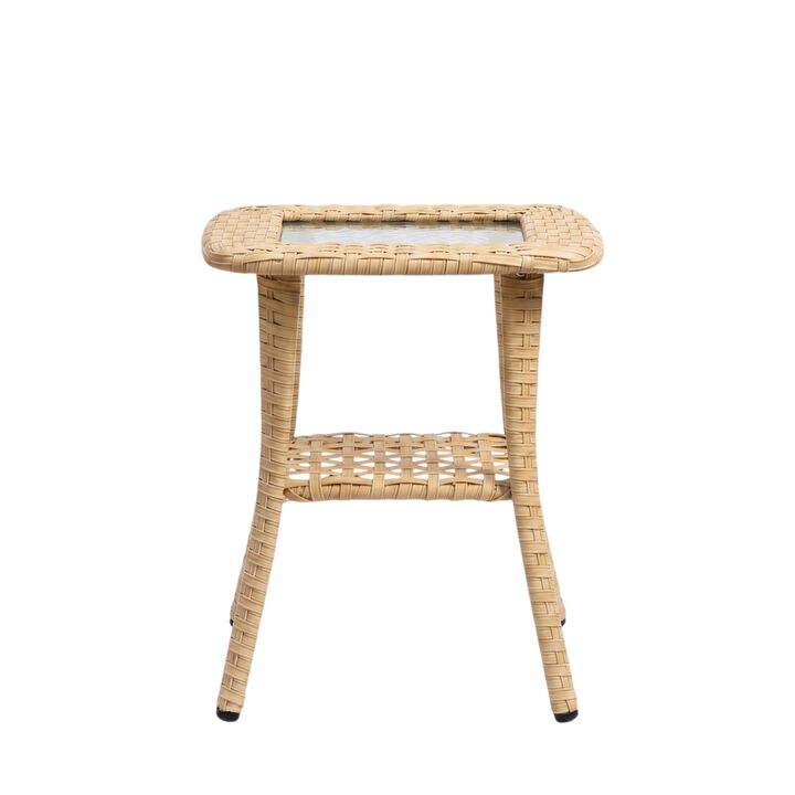 Outdoor Wicker Patio Side Table with Tempered Glass Top
