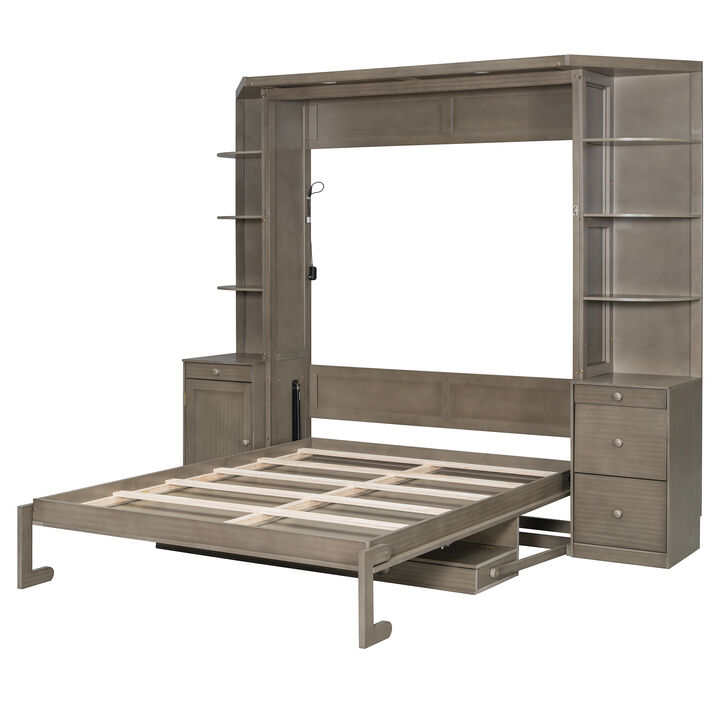 Merax Queen Murphy Bed with Desk, Storage Shelves and Cabinets