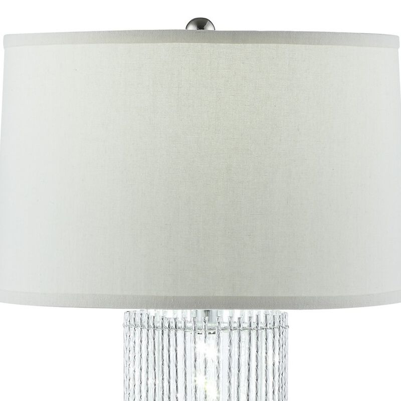 Jin 28 Inch Table Lamp, Gray Drum Fabric Shade, Modern Round Base, Silver - Benzara