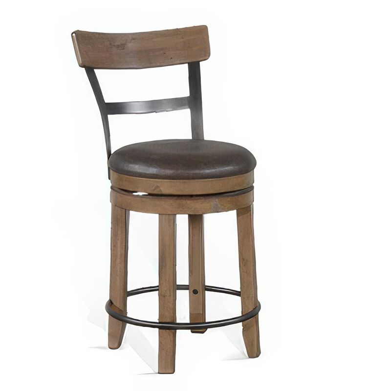 Yael Swivel Counter Stool Chair Set of 2, Gray Faux Leather Brown Wood - Benzara