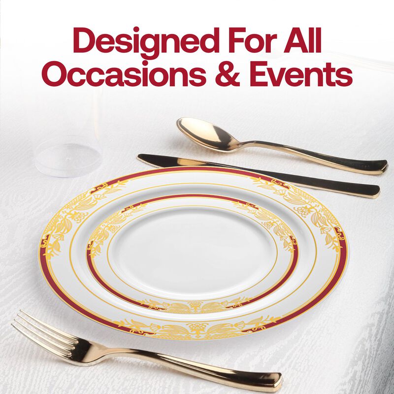 White with Burgundy and Gold Harmony Rim Plastic Wedding Value Set (30 Sets) image number 6