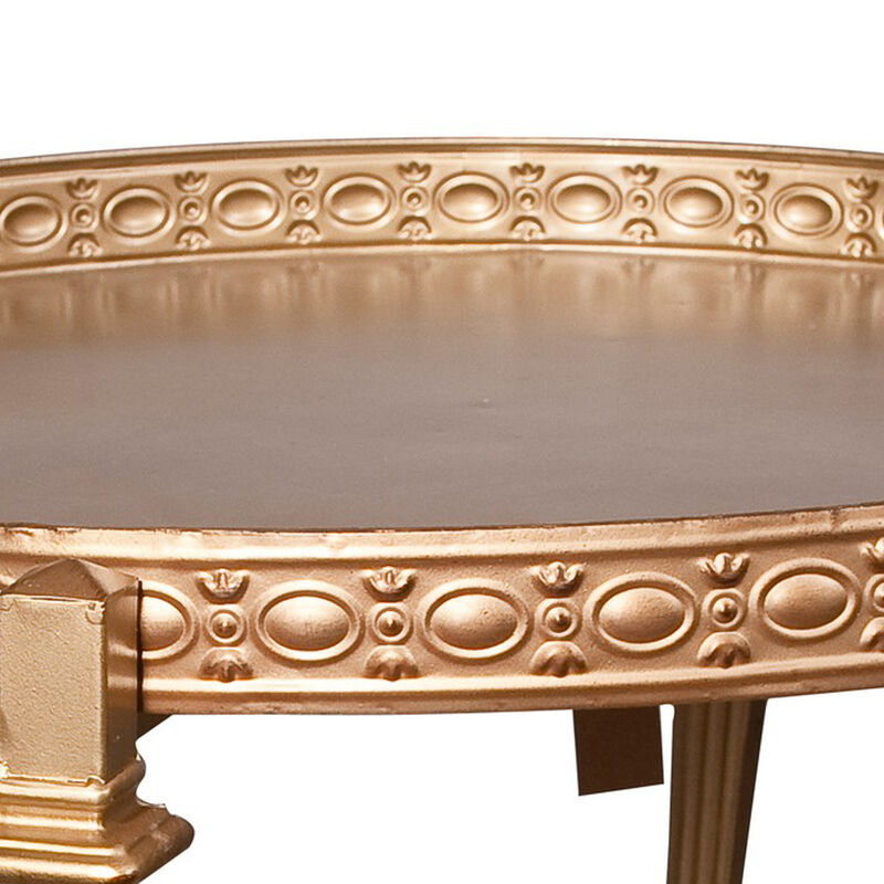 32 Inch Metal Cocktail Table, Circular Pattern Edged Round Top, Copper