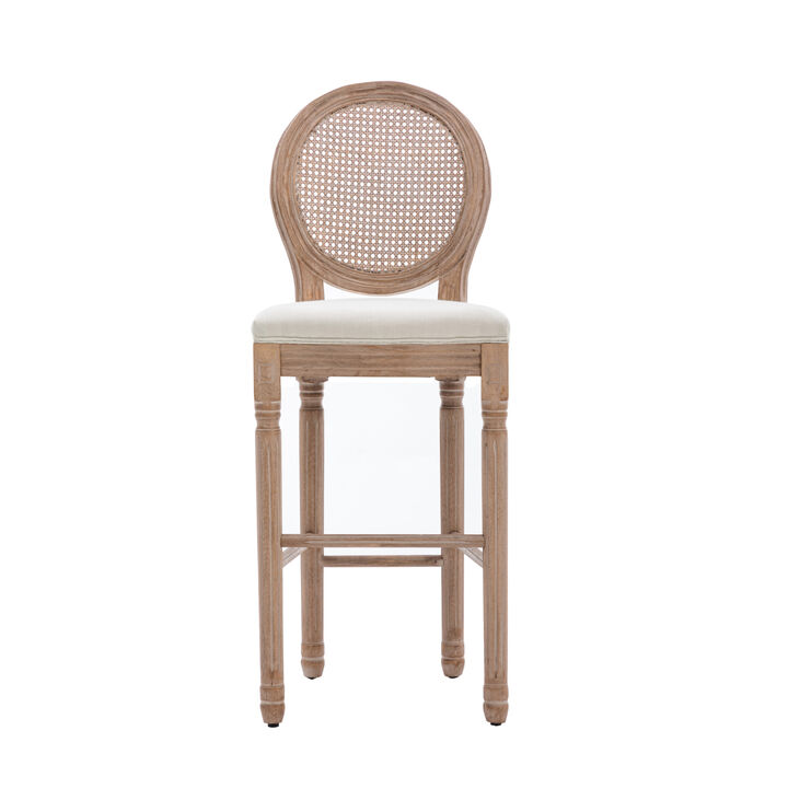 French Country Wooden Barstools Rattan Back With Upholstered Seating, Beige and Natural, Set of 2