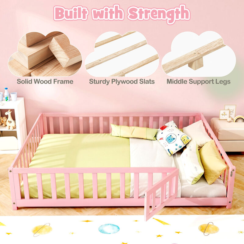 Montessori Floor Bed Frame with Guardrails, Safety Door and Latch image number 3