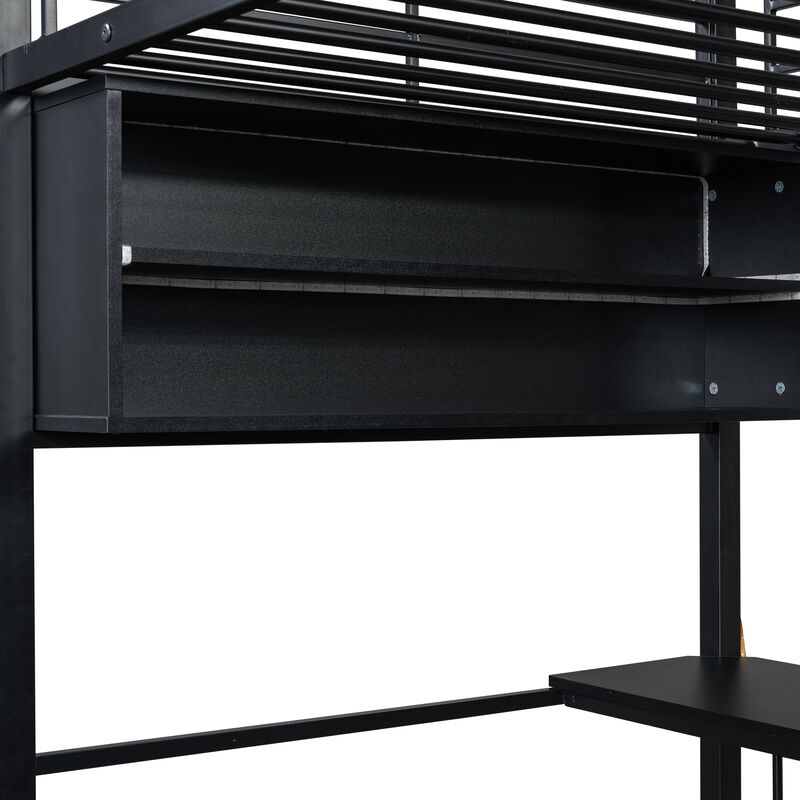 Merax Metal Loft Bed with LED, Desk and 4 Storage Shelves
