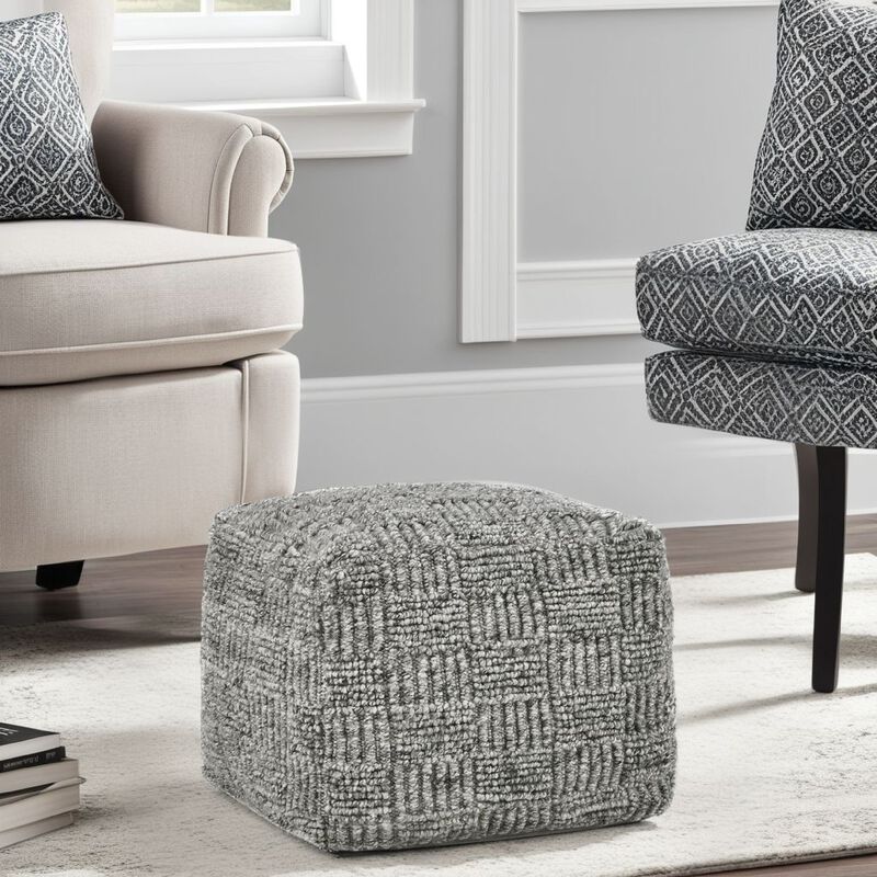 Slick Outdoor Pouf Ottoman, 18 Inch Handwoven Recycled Gray Fabric - Benzara