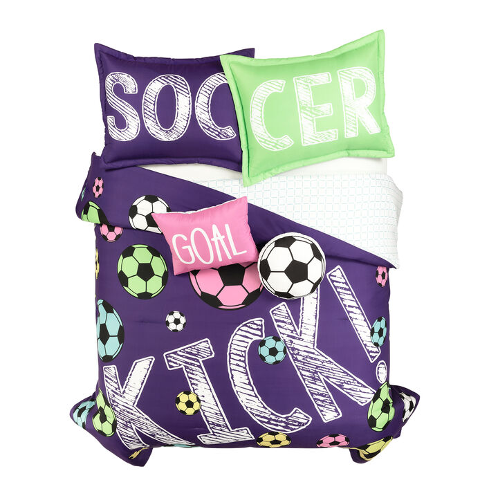 Girls Soccer Kick Reversible Oversized Comforter 5-Pc Set