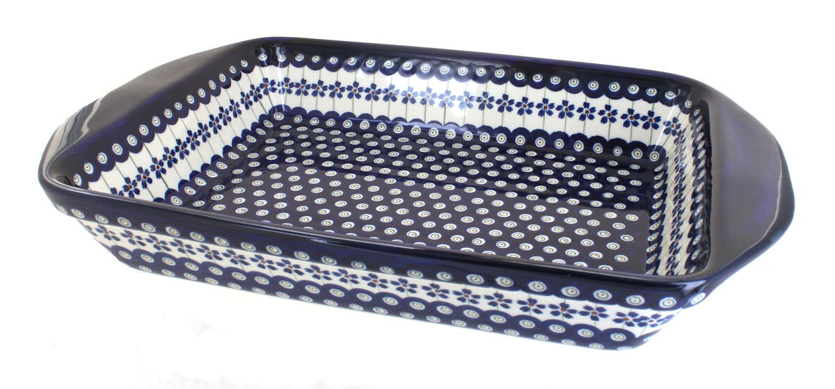 Blue Rose Polish Pottery Peacock Extra Large Rectangular Baker
