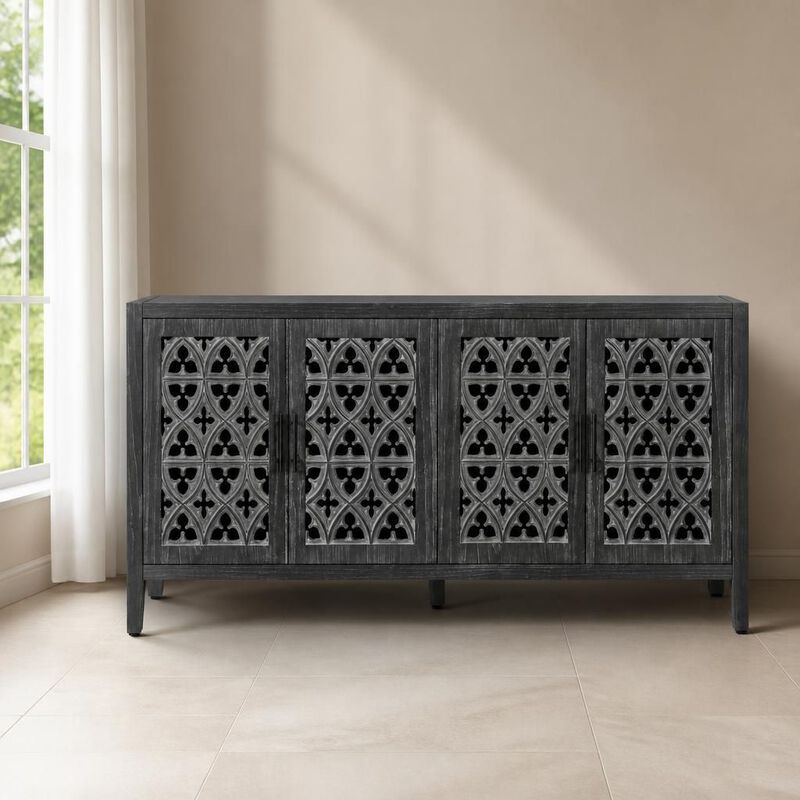 GOODSILO Four Door Hollow Antique Storage Cabinet, Versatile Wooden Storage Furniture for Living Room, Entryway, Kitchen and Dining Space image number 3