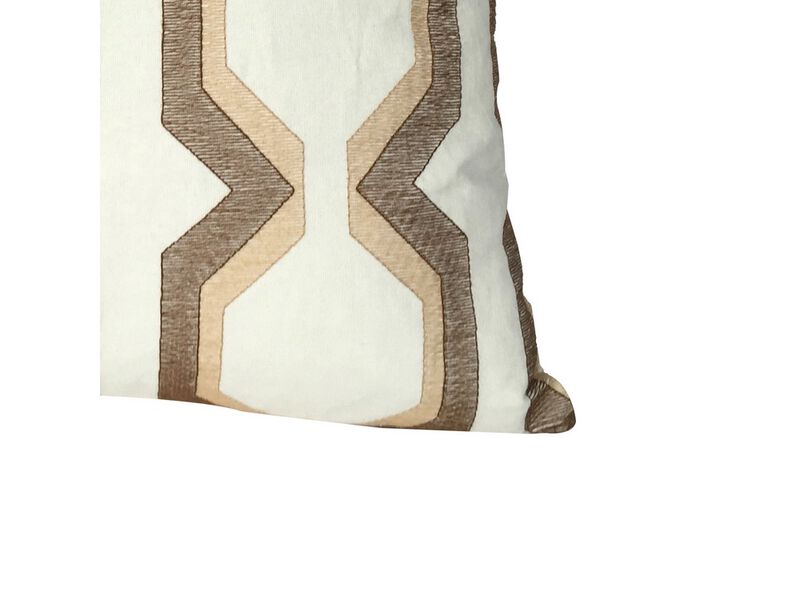 Contemporary Cotton Pillow with Geometric Embroidery, Brown and White - Benzara