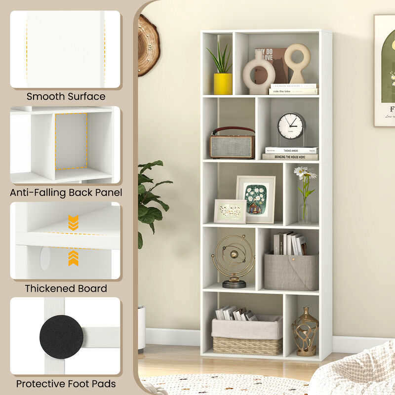 Modern Tall 5-Tier Bookshelf with 10 Geometric Cubes &ndash; Space-Saving Organizer