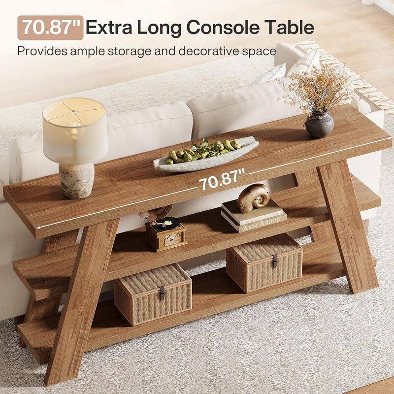 3-Tier Narrow Sofa Console Table, Farmhouse Foyer Entryway Table - Brown image number 4
