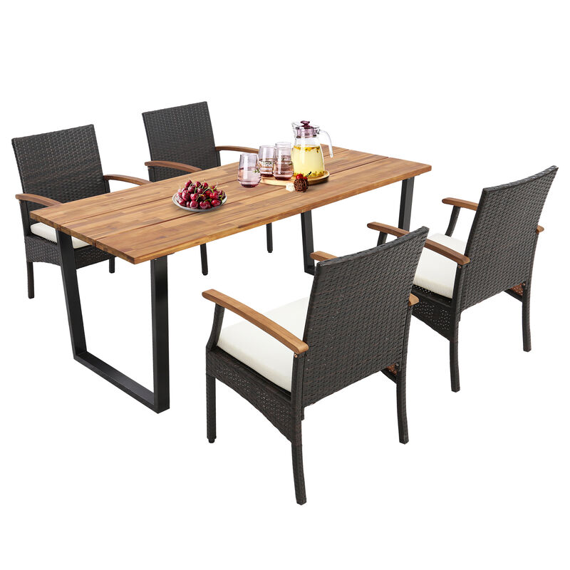 5 Pieces Patio Wicker Chair and Dining Table Set With Umbrella Hole