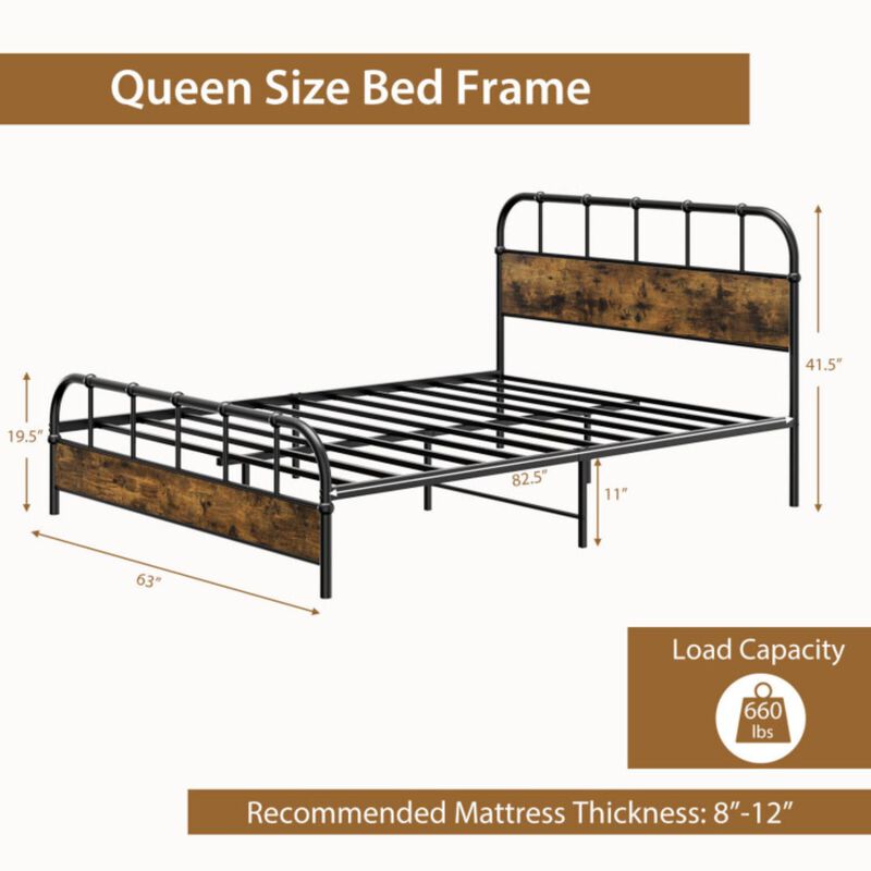 Hivvago Queen Size Industrial Metal Platform Bed Frame Headboard Mattress Foundation