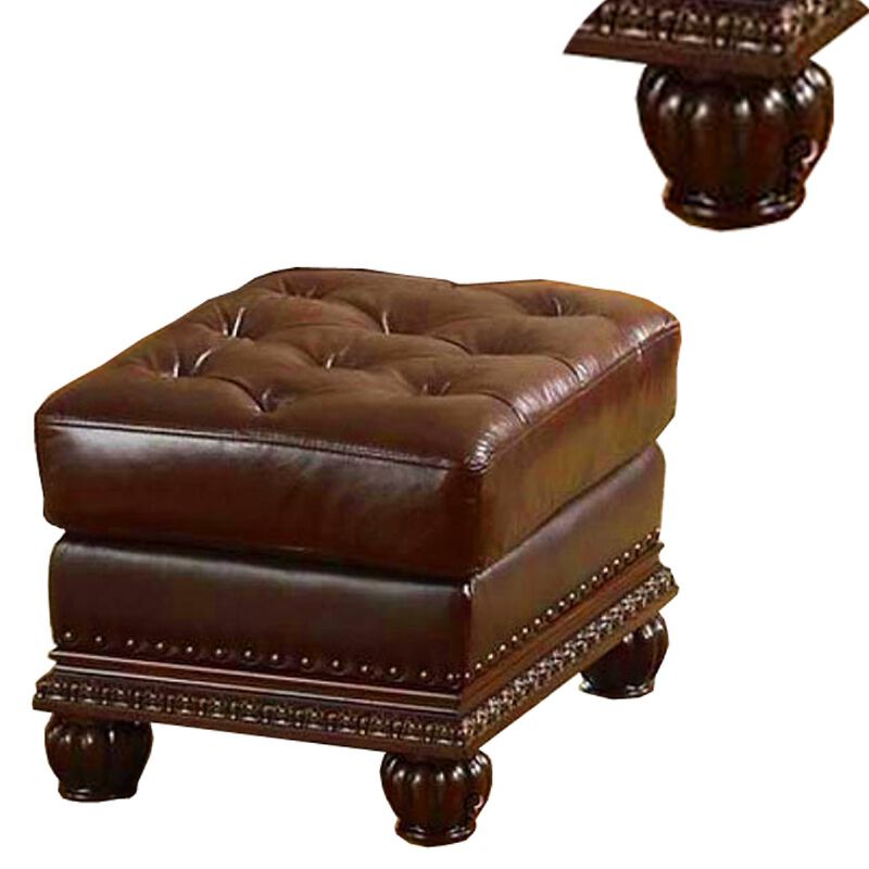 Faux Leather Upholstered Ottoman with Nail head Trim Detail, Espresso Brown-Benzara