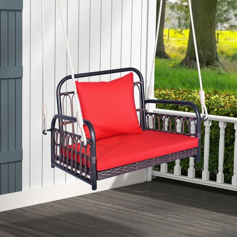 Patio Rattan Porch Swing Hammock Chair with Seat Cushion-Red