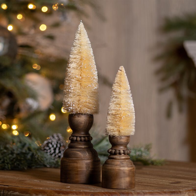 Mini Pedestal Bottle Brush Tree Set of 2 for Christmas Table or Mantel Styling