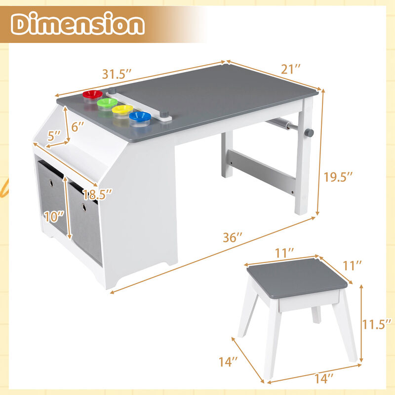 Toddler Activity Art Table with Stool, Paper Roll & 4 Paint Cups &ndash; Grey image number 2