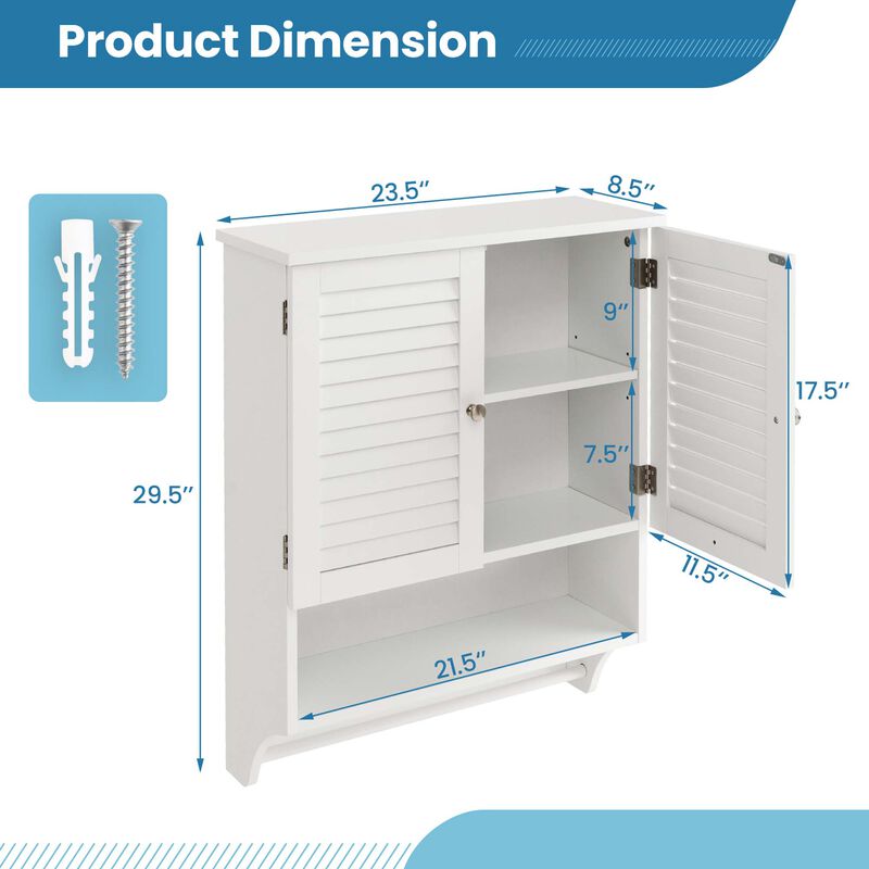 Costway Bathroom Wall Mounted Medicine Cabinet with Louvered Doors & Towel Bar White
