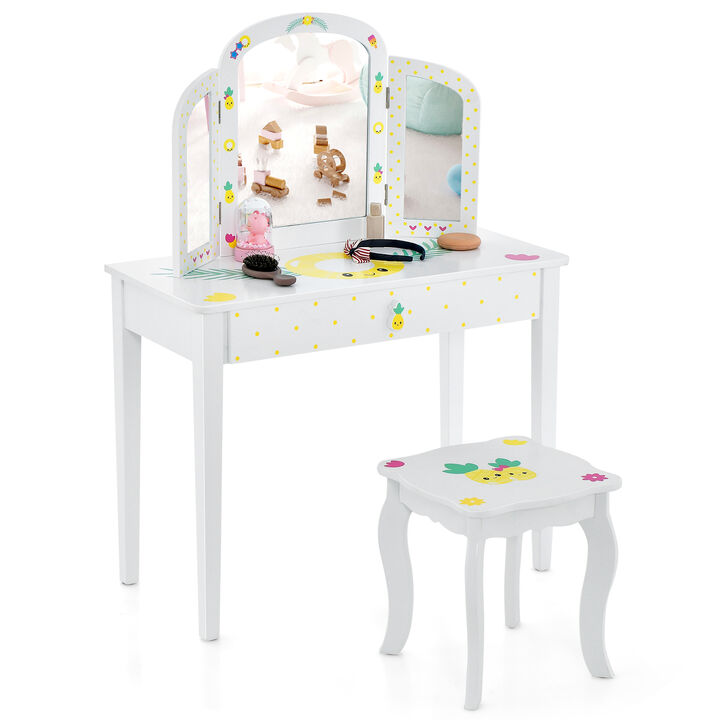 Kids Vanity Table Set with Tri-Folding Mirror and Large Drawer-White