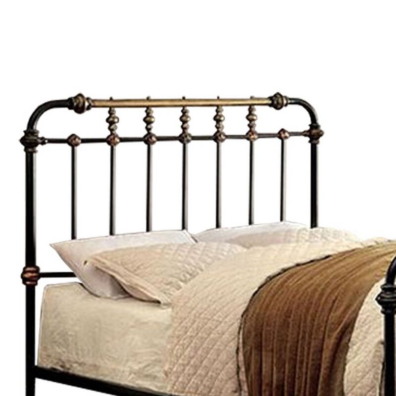 Metal Eastern King Bed with Gold Accent, Black - Benzara