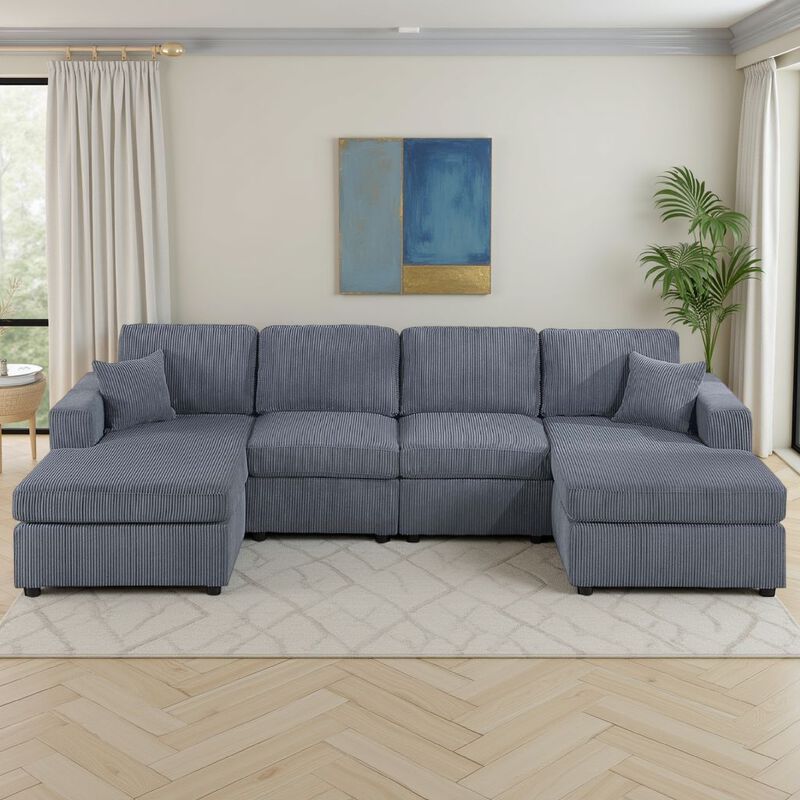 Iny U Sectional Sofa Set with Chaise, Armless Chair, 2 Pillows, Gray - Benzara
