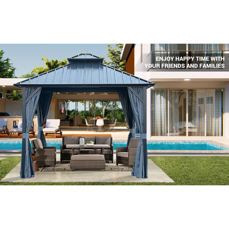 12x12ft Gazebo Double Roof Canopy with Netting and Curtains, Outdoor Gazebo 2Tier Hardtop Galvanized Iron Aluminum Frame Garden Tent for Patio, Backyard, Deck and Lawns