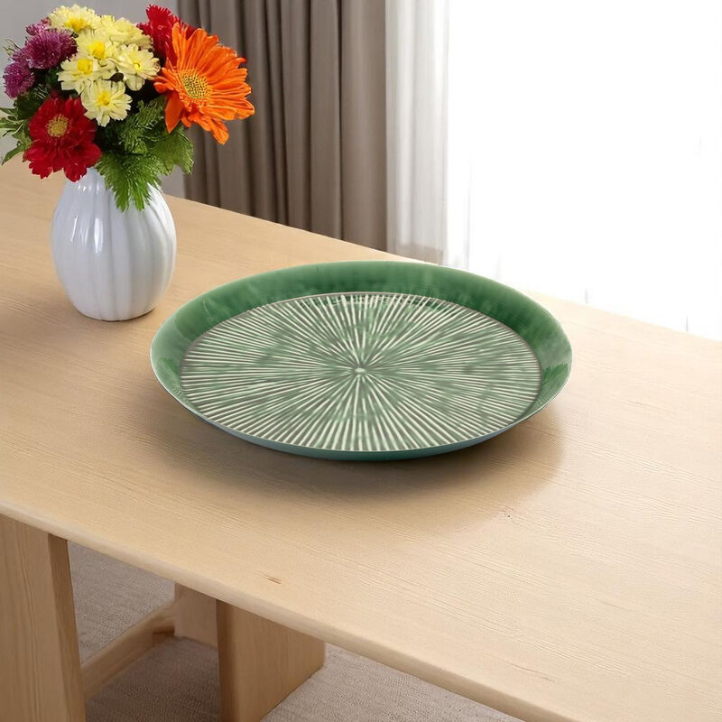 HomeRoots 14" Green Metal Etched Round Serving Tray image number 1