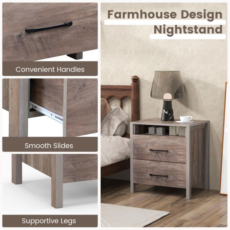 Hivvago Nightstand with 2 Drawers Farmhouse Bed Side Table with Open Storage Shelf