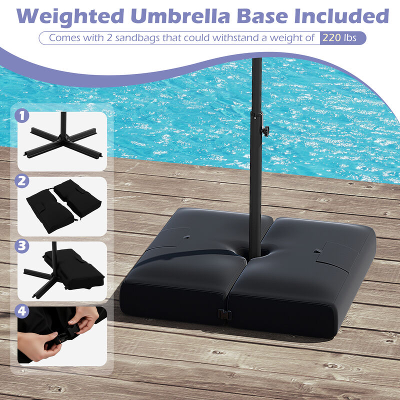 Solar Offset Umbrella with 32 LED Lights &ndash; Hanging Patio Shade with Base