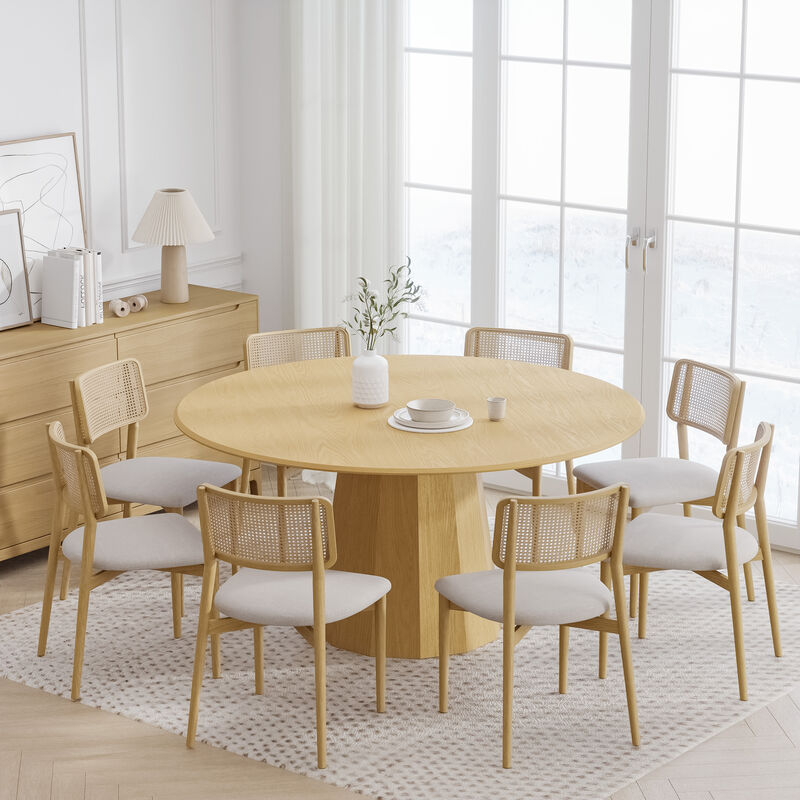 60 Inch Round Natural Wooden Dining Table Seats 4-6 People, Suitable for Living Room and Dining Room