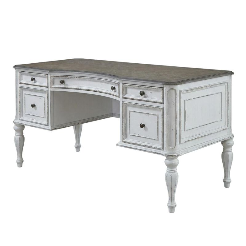 Liberty Furniture Writing Desk with 5 Drawers European Home Office - Antique White & Bark Oak Wood image number 0