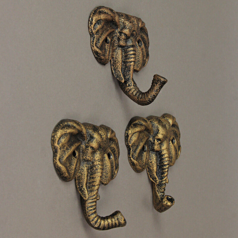 Set of 3 Cast Iron Elephant Antique Gold Wall Hooks - Stylish, Durable, and Functional Decorative Hooks for Organizing Hats, Towels, Coats, Keys, or Pet Leashes image number 2