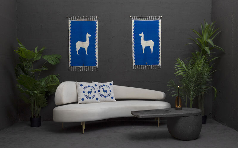LLAMA Sheep Wool Handwoven Tapestry, Aged Bronze Wall Mount, Lapis Blue