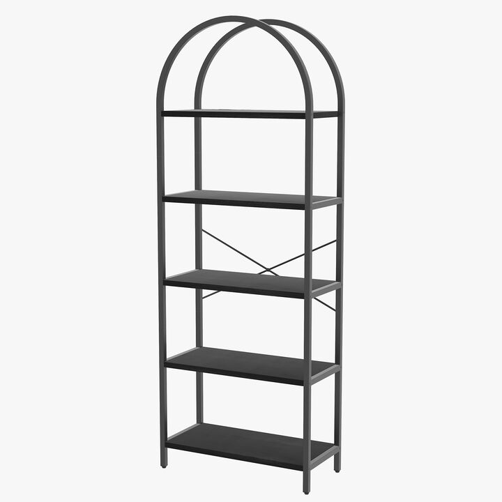 Modern Industrial Arched 5-Tier Open Bookshelf, Curved Metal Frame Freestanding Storage Display Shelf for Living Room, Bedroom & Home Office