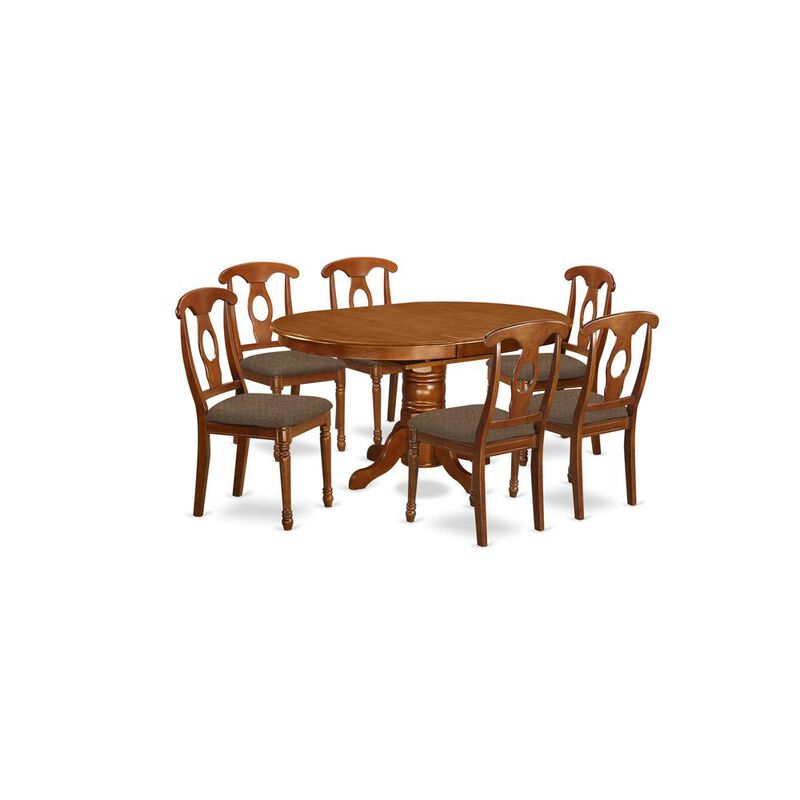 7 Pc Dinette Table with Leaf and 6 Fabric Seat Chairs in Saddle Brown.