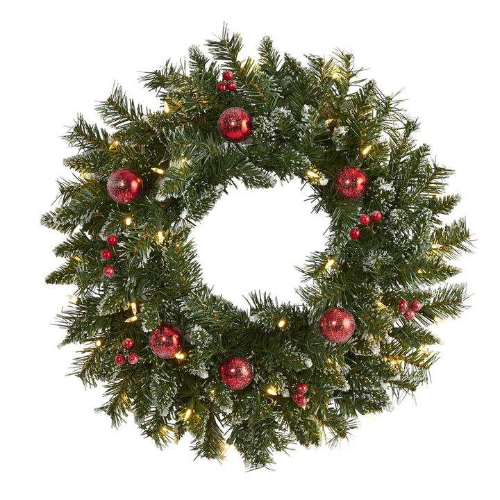 Nearly Natural 24-in Frosted Artificial Christmas Wreath with 50 Warm White LED Lights, Ornaments and Berries