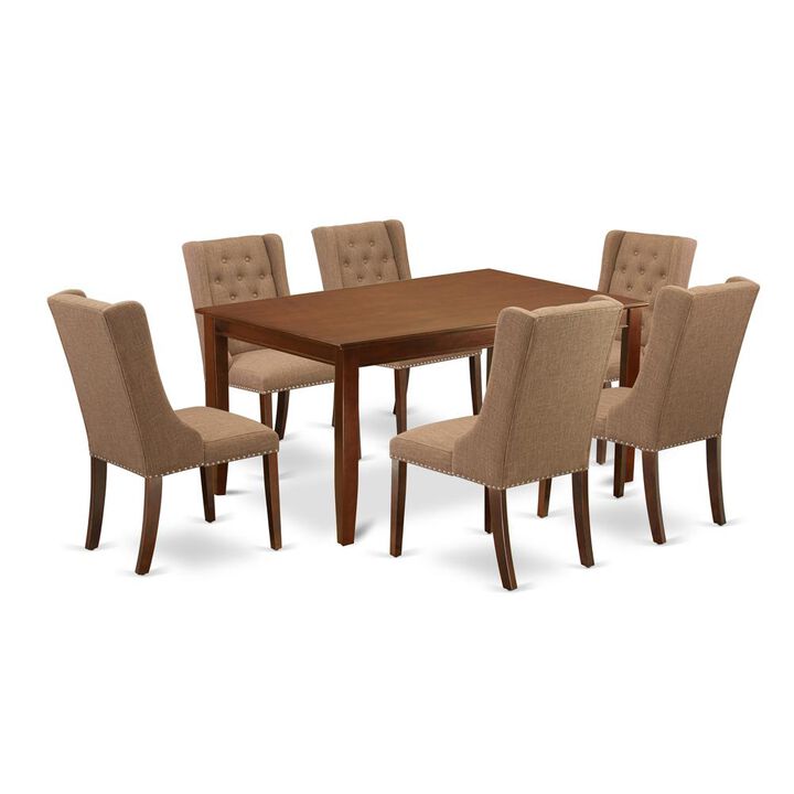 East West Furniture DUFO7-MAH-47 7-Piece Dining Room Table Set Includes 1 Rectangular Dining Table and 6 Light Sable Linen Fabric Dining Chairs with Button Tufted Back - Mahogany Finish