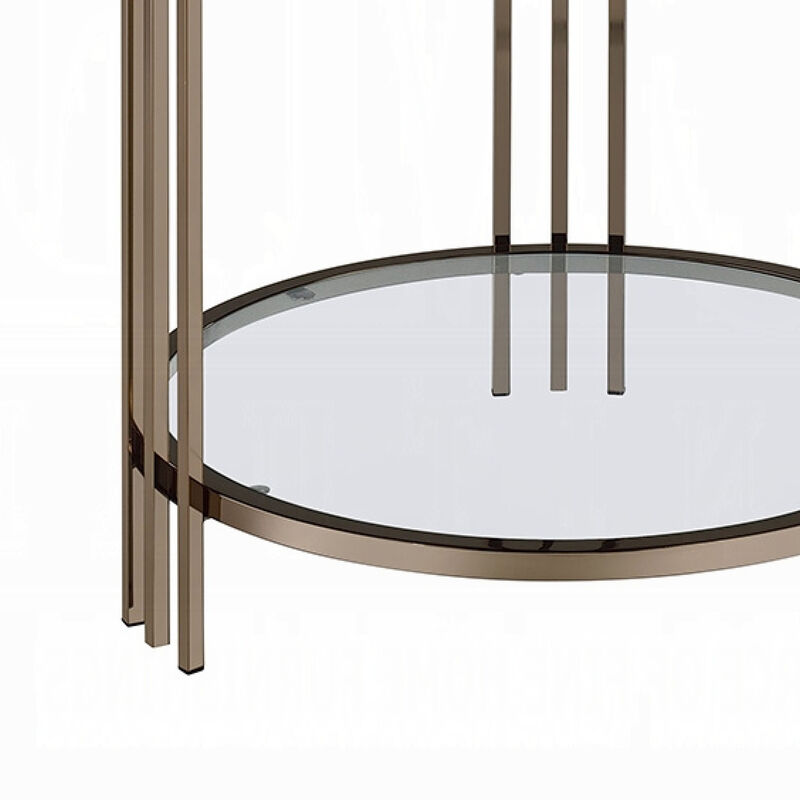 Abio Side End Table, 23 Inch, Round Sintered Stone Top, Black and Gold