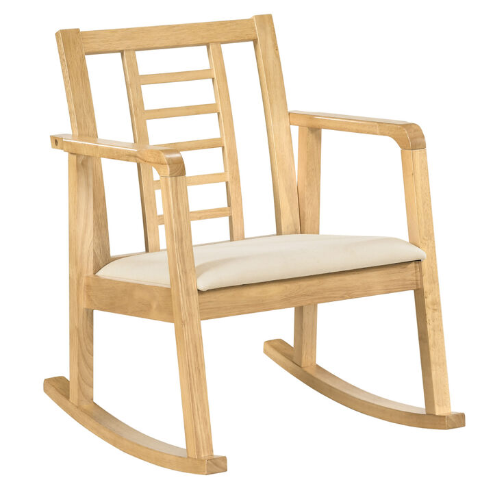 Wooden Rocking Chair Upholstered Seat Ladder Back Living Room Accent Seating