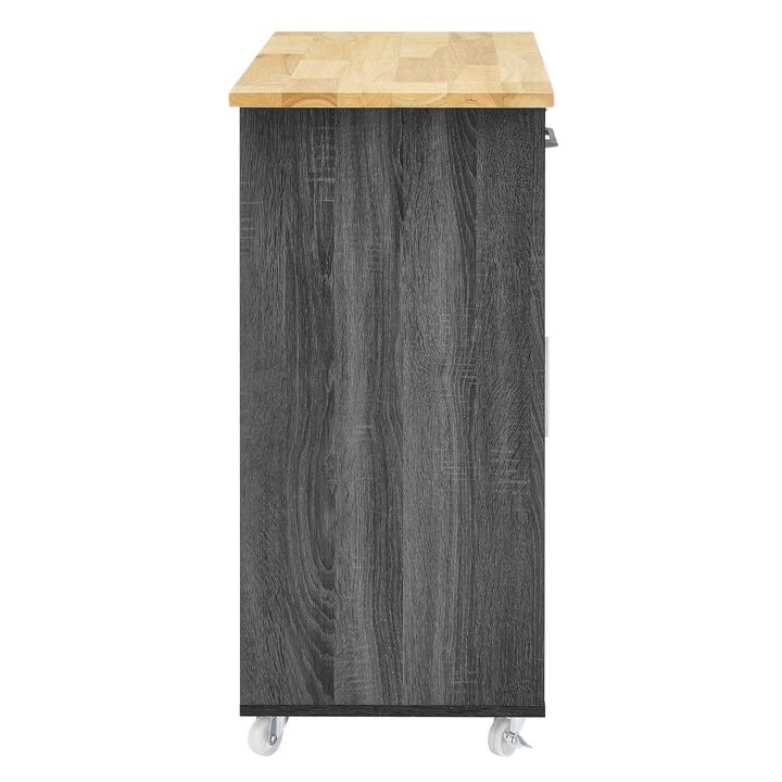 Modway Culinary Rolling Kitchen Cart with Storage in Charcoal Natural - 3 Tiers Kitchen Island on Wheels with Spice Rack, Functional as a Coffee Station, Bar Cabinet or Butcher Block Island