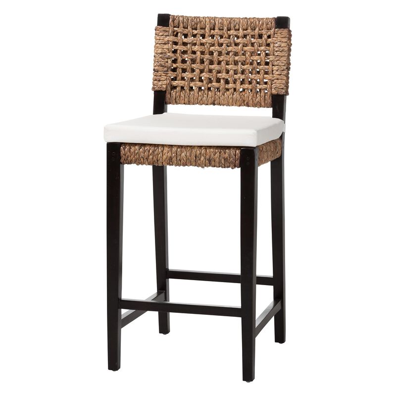 bali & pari Alise Handwoven Seagrass Bar Stool with Mahogany Wood Frame - Bar-Height Chair with Woven Back and Seat for Kitchen Island or Home Bar, Dark Brown