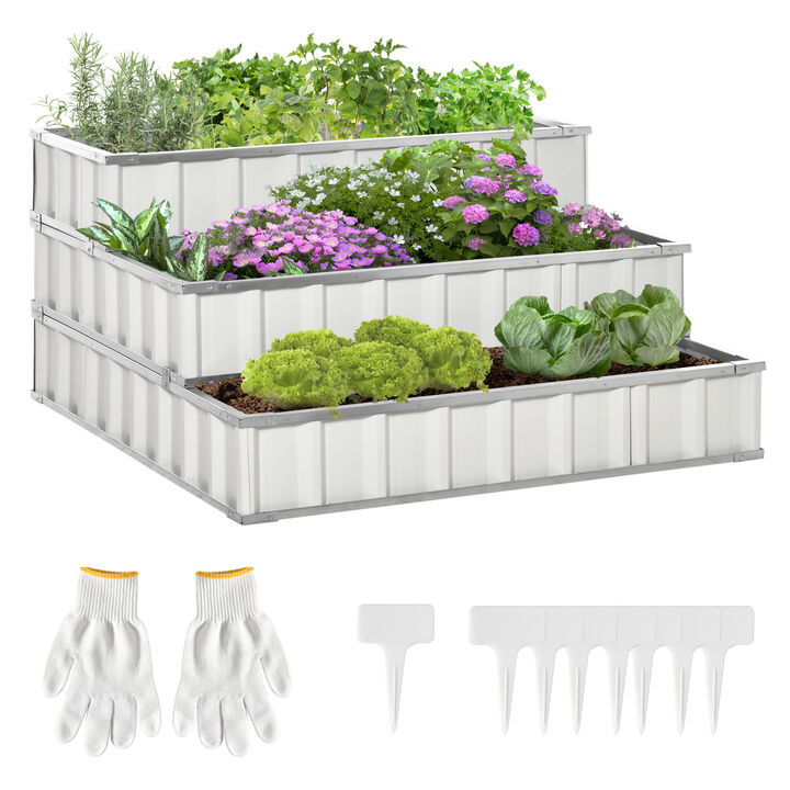 Outsunny 3 Tier Raised Garden Bed Color Steel Raised Garden Bed w/ Pair of Glove 47''x 47''x 25'' for Backyard, Patio to Grow Vegetables, Herbs, and Flowers, White